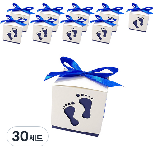글로리빙 답례품 생일선물 포장 상자 아기발바닥 + 리본 세트, 블루, 30세트