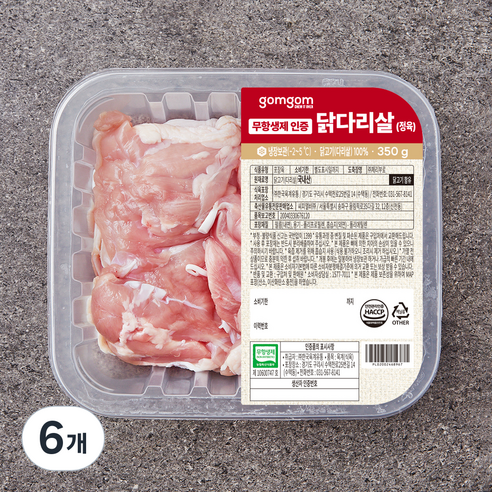 곰곰 무항생제 인증 닭다리살 (정육) (냉장), 350g, 6개