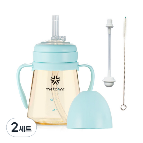 메똔느 PPSU NEW M3 빨대컵 200ml + 추 빨대 + 세척솔, 2세트, 스카이블루