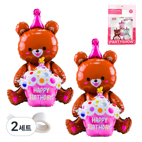파티쇼 생일파티 곰돌이 은박 풍선 컵케익 2p + 글루닷 접착 스티커 세트, 브라운(곰돌이 은박 풍선), 브라운(곰돌이 은박 풍선), 2세트