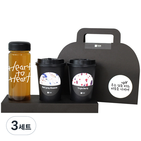 1AM 쥬뗌므 블랜딩차 검정 보틀 세트, 얼그레이 블라썸티 3p + 트리플 베리티 3p + 검정 뚜껑 보틀 + Heart to Heart 보틀용 메세지 스티커 + 무슨일을 캘리그라피 메세지 + 프리미엄 블랙 패키지, 3세트