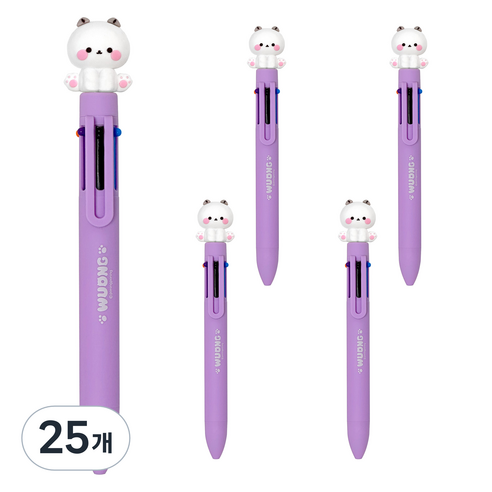 iiGEN 다꾸 캐릭터 우옹이 6색 볼펜 0.7mm, 화이트 고양이, 25개