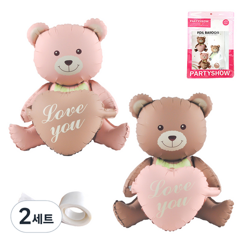 파티쇼 생일 프로포즈 곰돌이 은박 풍선 러브 하트 2p + 글루닷 접착 스티커 세트, 카라멜(곰돌이 은박 풍선), 핑크(곰돌이 은박 풍선), 2세트