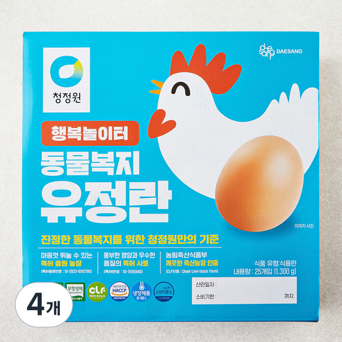 청정원 동물복지 인증 행복놀이터 유정란 1.3kg, 25구, 4개