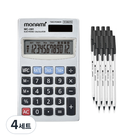 모나미 계산기 MC-081 + 153 스틱 볼펜 0.7 12p, 블랙(볼펜) + 그레이(계산기), 4세트