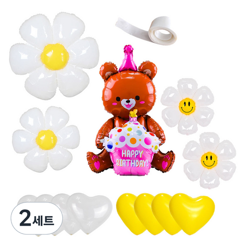 파티쇼 곰돌이 컵케익 데이지 플라워 은박 하트풍선 + 글루닷 세트, 브라운(곰돌이풍선), 옐로우(하트풍선), 2세트