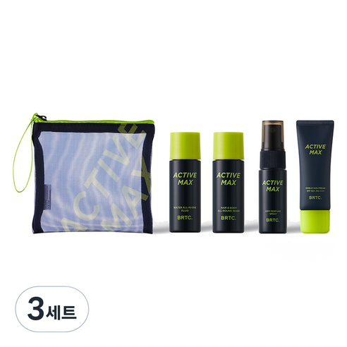 비알티씨 액티브 맥스 여행용 미니어처 바디워시 20ml + 로션 20ml + 퍼퓸스프레이 19ml + 선크림 20ml + 파우치 세트, 3세트