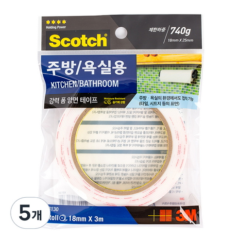 스카치 주방욕실용 폼 양면테이프 18mm x 3m, 5개