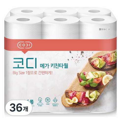 코디 메가 천연펄프 키친타월, 165매, 36개