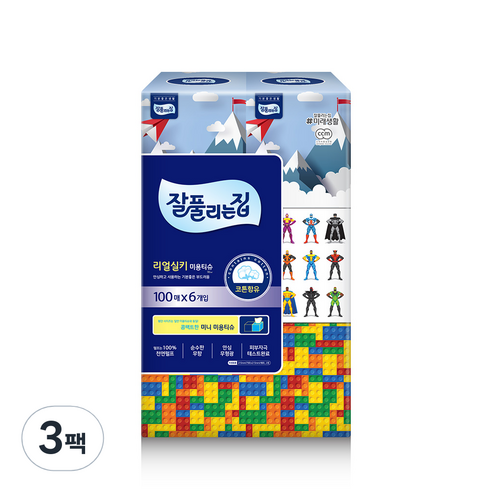 잘풀리는집 천연펄프 리얼실키 미니 각티슈 100매, 6개입, 3팩