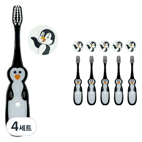비브라이트 어린이용 LED 타이머 캐릭터 칫솔 6p + 칫솔모 보호커버 6p 세트, 펭귄, 4세트