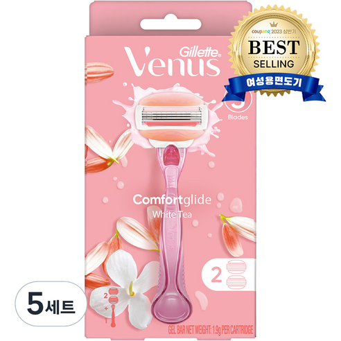 Venus 컴포트 글라이드 화이트티 여성용 면도기 핸들1입 + 면도날2입, 5세트