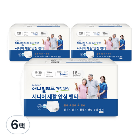애니릴리프 남녀공용 시니어 안심 팬티 성인기저귀 화이트, 특대형, 16개입, 6개