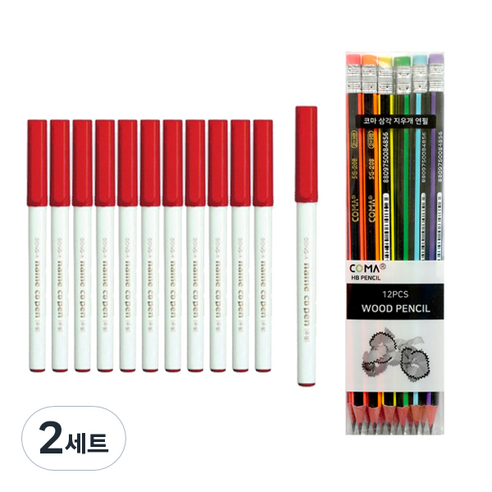 동아 네임CD펜 12p + 투코비 삼각 지우개 연필 SG-208 12p 세트, 적색(CD펜), 혼합색상(지우개연필), 2세트
