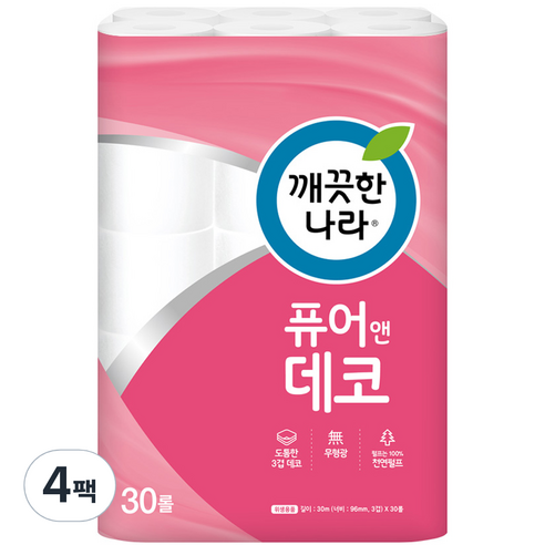 깨끗한나라 3겹 천연펄프 퓨어앤데코 화장지 30m, 30롤, 4개