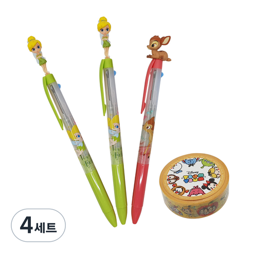 디즈니 팅커벨 밤비 마스코트 3색 볼펜 0.5mm 팅커벨 2p + 밤비 + 마스킹테이프 1.5cm x 7m 세트 A타입, 혼합색상, 4세트