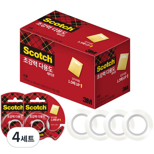 스카치 다용도 테이프 초강력 12mm x 20m 디스펜서 2개 + 리필 4롤, 투명, 4세트