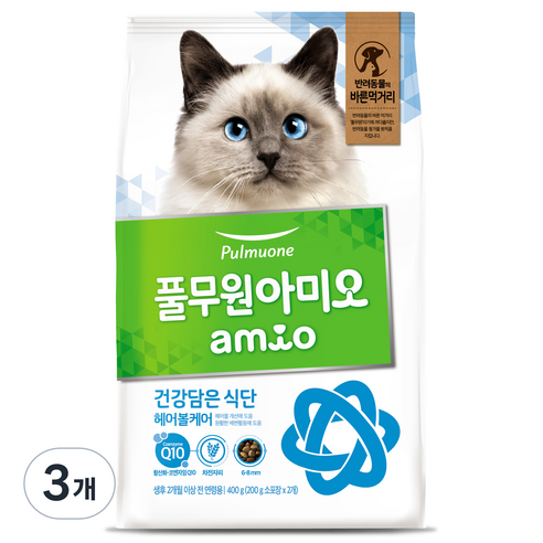 풀무원아미오 고양이 건강담은 식단 기능성 사료, 헤어볼, 400g, 3개