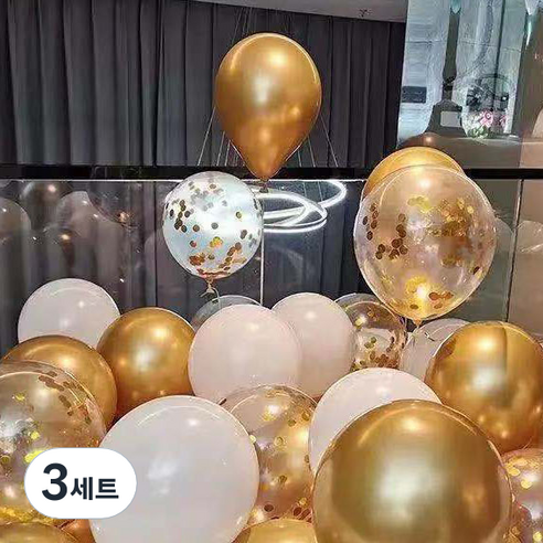 뷰라뷰 파티풍선 50p + 공기펌프 + 10m 리본 세트, 05 골드 + 화이트 + 골드스팽글(랜덤발송), 3세트