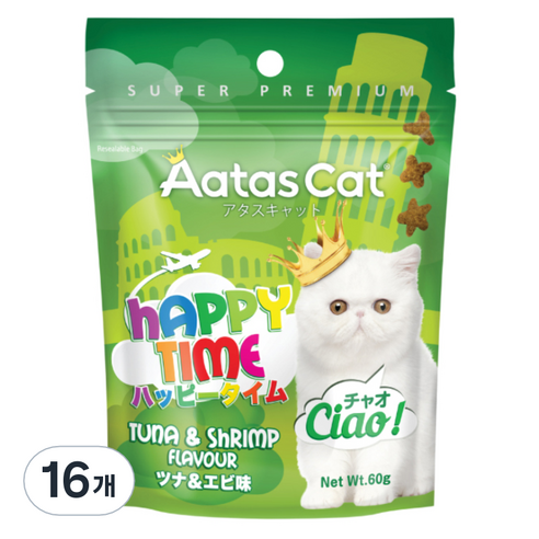 아타스캣 고양이 어덜트용 해피타임 참치 앤 새우 간식, 생선, 60g, 16개