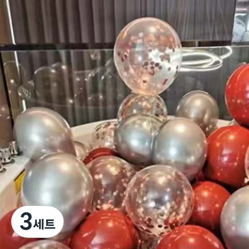 뷰라뷰 파티풍선 50p + 공기펌프 + 10m 리본 세트, 13 루비레드 + 실버 + 샴페인스팽글(랜덤발송), 3세트