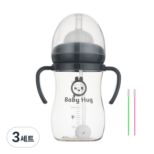 하이비 베이비 허그 빨대컵 + 빨대솔 2p 세트, 그레이, 3세트