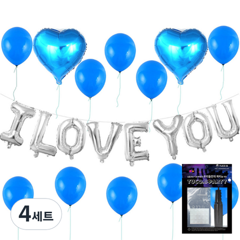 투코비 러브 장식 풍선 + 손펌프 + 고정테이프 세트, 웨딩파티 블루, 4세트