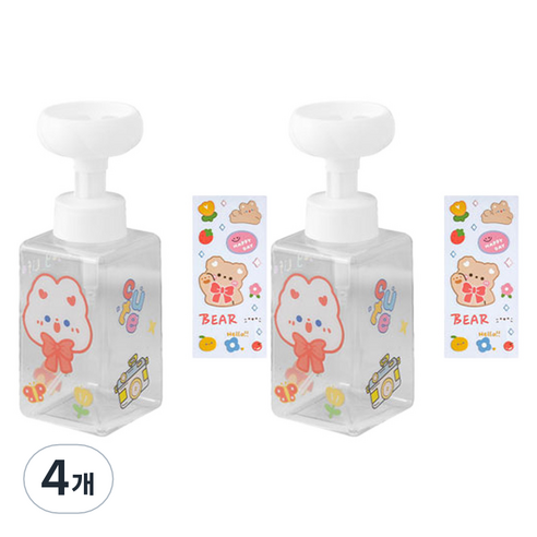 더자카 플라워 거품 핸드워시 디스펜서 2p 450ml + 스티커2p 랜덤발송, 투명, 4개