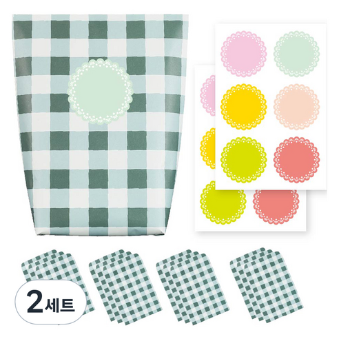체크 종이 포장지 포장봉투 그린 12p + 스티커 6종 x 2p 세트, 혼합색상, 2세트