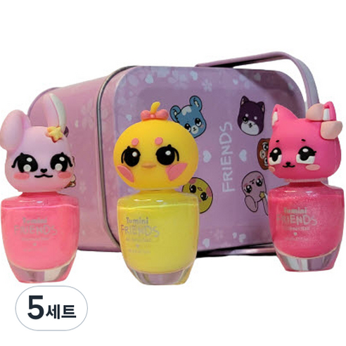 투미니 프렌즈 수성 매니큐어 고양이 + 병아리 + 토끼 + 틴케이스 세트, 트윙클핑크(고양이)+레몬옐로우(병아리)+피치핑크(토끼), 5세트