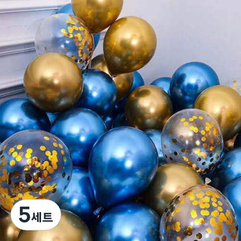 뷰라뷰 파티풍선 50p + 공기펌프 + 10m 리본 세트, 02 블루 + 골드 + 골드스팽글(랜덤발송), 5세트