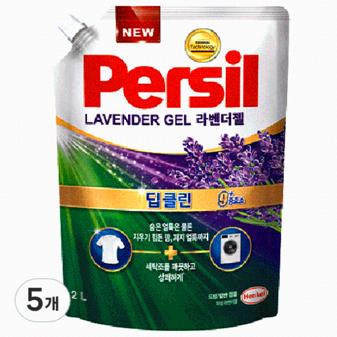 퍼실 젤 플러스 액상세제 리필 라벤더, 2L, 5개