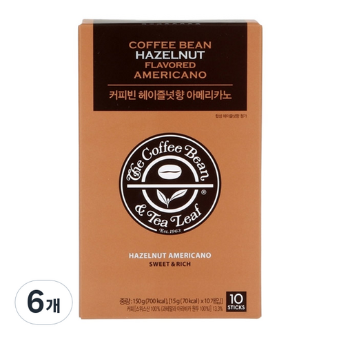 커피빈 헤이즐넛향 아메리카노 커피믹스, 15g, 10개입, 6개