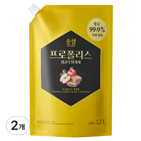 순샘 프로폴리스 항균 주방세제 애플향, 1.2L, 2개