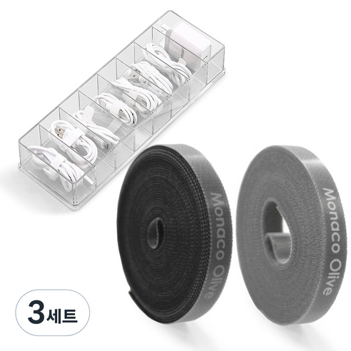 모나코올리브 벨크로 타이 2종 + 칸칸 케이블 정리 수납함, 그레이, 블랙(타이), 투명(수납함), 3세트