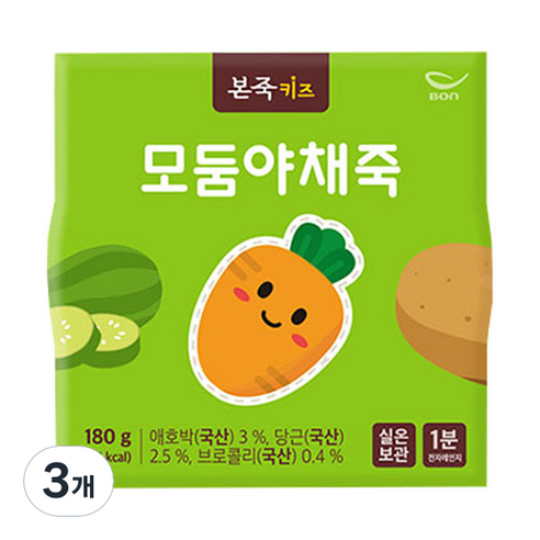 본죽 키즈 모둠 야채죽 180g 혼합맛(애호박/당근/브로콜리) × 180g × 3개 섬네일