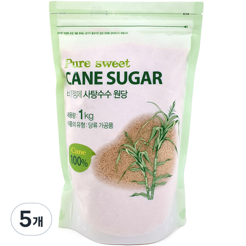 캐인슈가 비정제 사탕수수 원당, 1kg, 5개