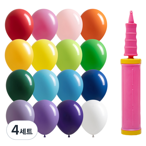 조이파티 조이벌룬 레인보우 풍선 25cm 100p + 손펌프 세트, 풍선(랜덤발송), 손펌프(핑크), 4세트