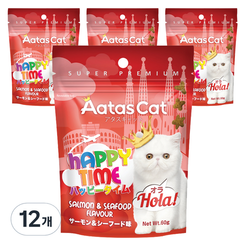 아타스캣 성묘용 해피타임 연어 앤 씨푸드 고양이 건식사료, 60g, 12개