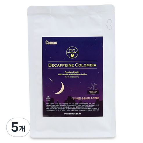 코맥 디카페인 콜롬비아 슈가케인 원두커피 C8, 200g, 5개, 홀빈(분쇄안함)