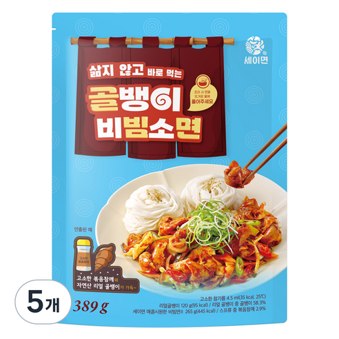 세이면 키다리식품 세이면 삶지 않고 바로 먹는 골뱅이 비빔소면, 389g, 5개