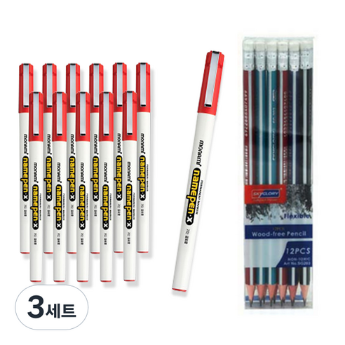 모나미 NEW 가는글씨용 네임펜X 12p +스카이글로리 삼각지우개 연필 12p 세트, 적색, 3세트