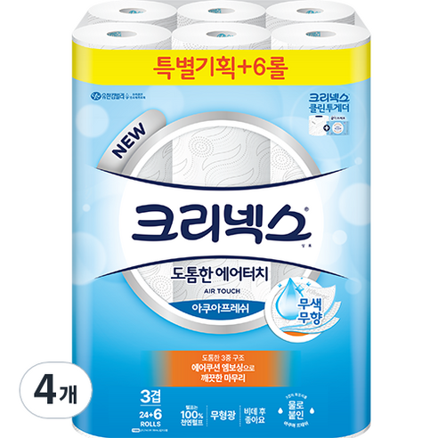 크리넥스 3겹 도톰한 에어터치 아쿠아프레쉬 27m, 30롤, 4개