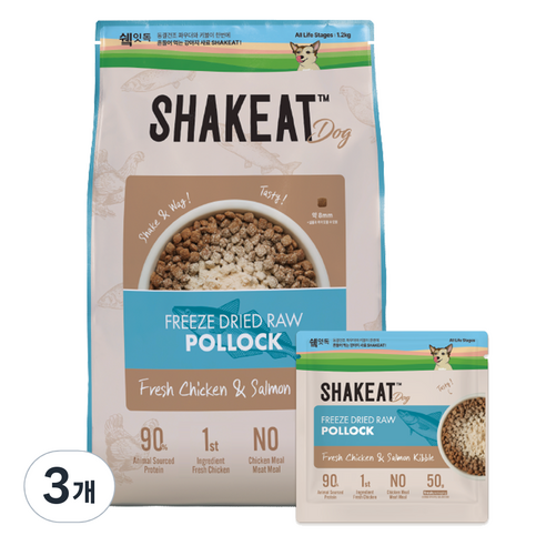 쉨잇 전연령 강아지 프레시 치킨&살몬 키블 동결건조 사료, 1.2kg, 3개, 북어