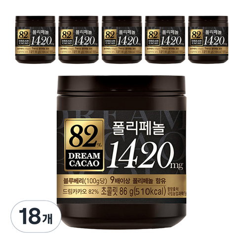 롯데웰푸드 드림카카오 82% 폴리페놀 1420mg 초콜릿, 86g, 18개