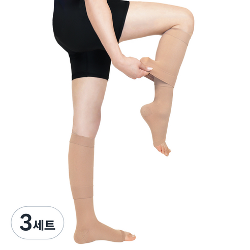 원더워크 프리미엄 의료용 압박스타킹 이지 무릎형 베이지 발트임, 3세트, 종아리/무릎형