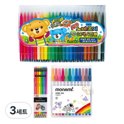 지구화학 노마르지 사인펜 24색 + 투코비 코마 삼각지우개연필 TC-208 B 6종 x 2p + 모나미 슈퍼사인펜 12색 세트, 혼합색상, 3세트
