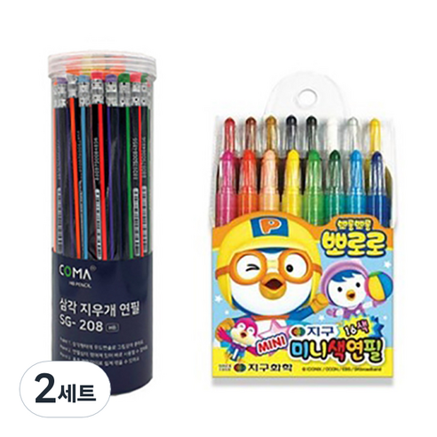 코마 삼각지우개연필 SG-208 48p + 지구화학 뽀로로 미니 16색 색연필, 혼합색상, 2세트