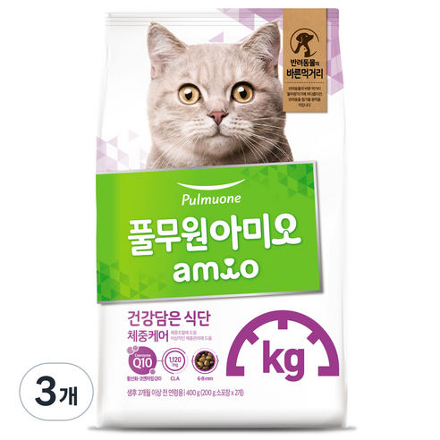 풀무원아미오 고양이 건강담은 식단 기능성 사료, 다이어트(체중관리), 400g, 3개