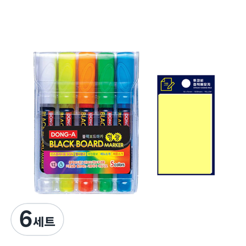 동아 블랙보드마카 5종 + 투코비 스티키 메모패드 세트, 혼합색상(보드마카), 노랑(포스트인), 6세트